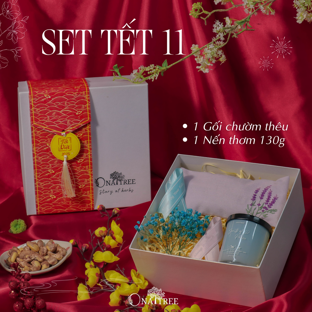 SET TẾT 1 GỐI CHƯỜM THÊU HOA 1 NẾN 130G