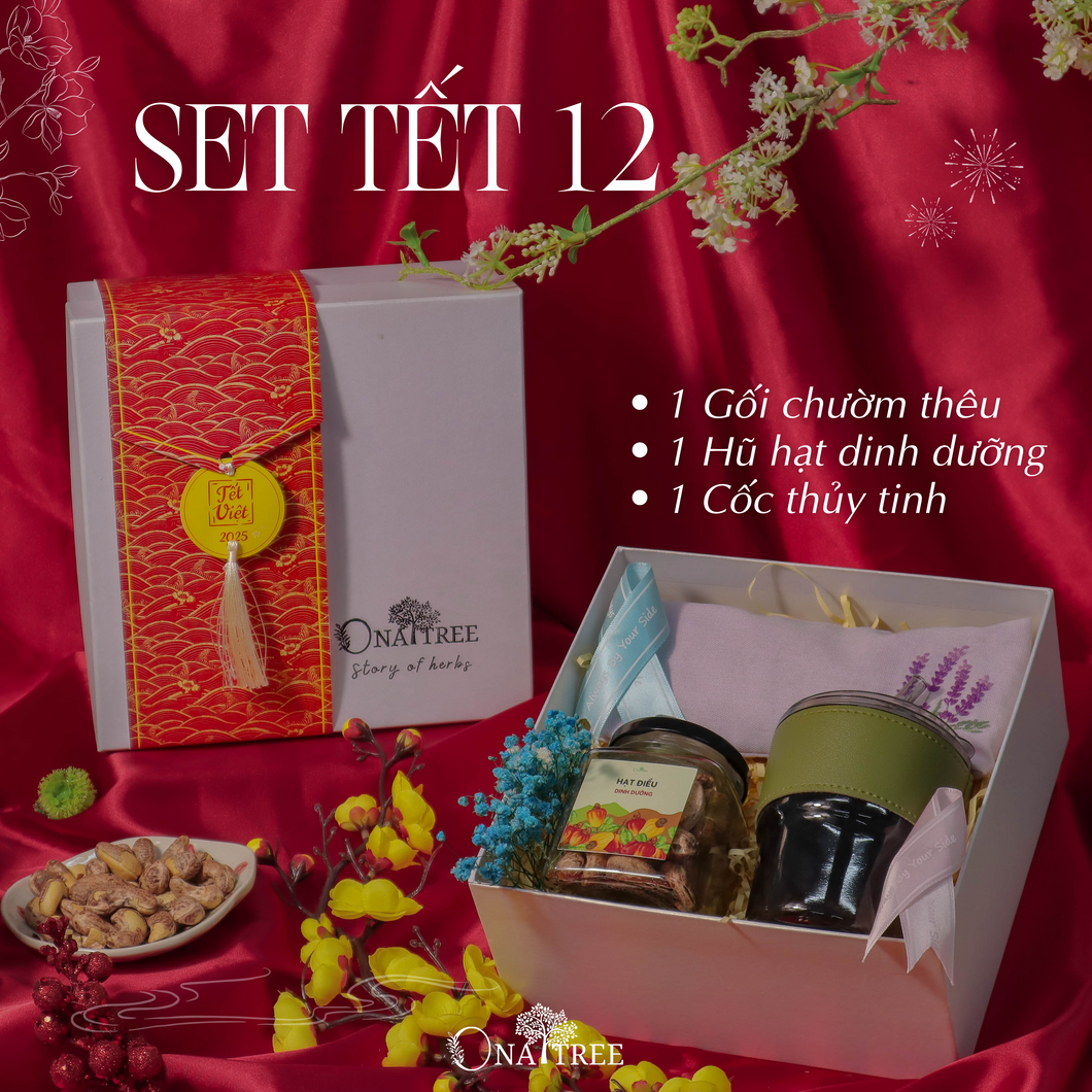 SET TẾT 1 GỐI CHƯỜM THÊU, 1 HẠT 1 CỐC